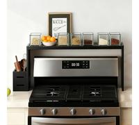 BESLCEID 31-inch bamboo stove rack for above the hob, kitchen bamboo spice rack, supports up to 50 pounds. Bamboo stove rack for storing spices and kitchen utensils. (Black)