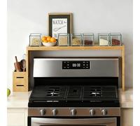 BESLCEID 31-inch bamboo stove rack for above the hob, kitchen bamboo spice rack, supports up to 50 pounds. Bamboo stove rack for storing spices and kitchen utensils. (Wood colour)