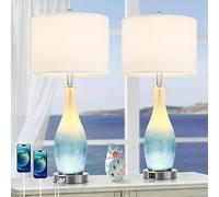 BesLowe 26in Tall Glass Table Lamps Set of 2 with 2 USB Charging Ports & LED Nightlight, Large Coastal Table Lamps for Living Room End Table, Modern Beach Lamps for Bedroom Bedside Nightstand, Blue