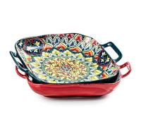 Besmeety Square Pasta Bowls with Handle, Boho Salad Serving Bowls Set of 2, Ceramic 7.09" Pasta Plates for Housewarming Present, Party (Green+Red)