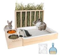 BESNEW 3 in 1 Rabbit Hay Feeder with Litter Box,Upgraded Wooden Hay Feeder Set for Guinea Pig Chinchilla Bunny Other Small Animals,Quick Cleaning & Large Capacity & Preventing Waste