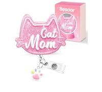Besoar Funny Nurse Badge Reel - Cute Nursing Badge Holder Retractable with ID Clip, Pink Cat Mom Badge Reel with Alligator Clip for Office Work Hospital Medical Student Nurse Week Graduation Gifts