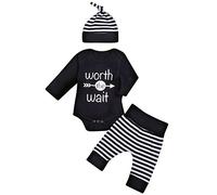 Besokuse Baby Unisex Worth the Wait Arrow Printed Romper Striped Pant Hat Outfit Clothes, Black, Newborn