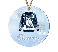 Bespoke Festive Jumper Hanging Bauble - Ugly Christmas Sweater Theme Decoration For Loved Ones Grandkids Festive Family Name Keepsake Gift (Owl, MDF Wood - Indoor use only)