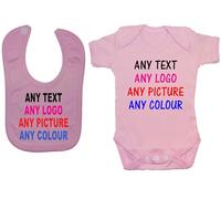 Bespoke Personalised Design Your Own Wording Baby Bodysuit/Romper/T-Shirt Feeding Bib Set - 0-3 Months - Pink