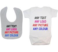Bespoke Personalised Design Your Own Wording Baby Bodysuit/Romper/T-Shirt Feeding Bib Set - 0-3 Months - White