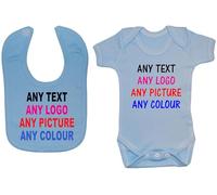 Bespoke Personalised Design Your Own Wording Baby Bodysuit/Romper/T-Shirt Feeding Bib Set - 0-3 Months - Blue