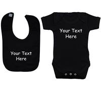 Bespoke Personalised Design Your Own Wording Baby Bodysuit/Romper/T-Shirt Feeding Bib Set - 3-6 Months - Black
