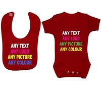 Bespoke Personalised Design Your Own Wording Baby Bodysuit/Romper/T-Shirt Feeding Bib Set - 6-12 Months - Red
