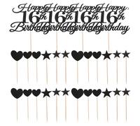BESPORTBLE 10 Set Black Glitter Birthday Cake Topper for Teens Sparkling Number with Heart and Star Picks Easy Install Glitter Paper Decorations for Cupcakes Cakes