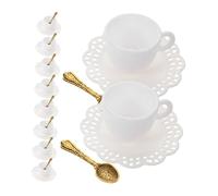 BESPORTBLE 10 Sets Miniature White Coffee Cup and Saucer Set with Metal Spoons Realistic Dollhouse Tableware for Role Playing Games Vintage Lace Edged Tiny Coffee Cup Models for Fairy Garden