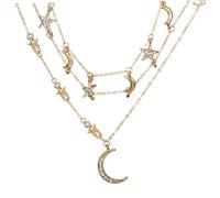 BESPORTBLE 1Pc Multi Layer Moon and Star Pendant Necklace with Diamond Inlay for Women Elegant Golden Multiple Chain Design Occasion