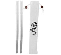 BESPORTBLE 2 Pairs 23.5Cm Stainless Steel Dragon Pattern Chopsticks with Non-Slip Design and Storage Bag, Reusable Metal Kitchen Chopsticks for Home Dining and