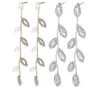 BESPORTBLE 2 Pairs Elegant Leaf Earrings with Rhinestones and Faux Pearls Long Chain Dangle Earrings for Women for Weddings Anniversaries and Special Occasions