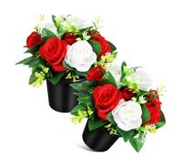 BESPORTBLE 2 Pcs Handmade Artificial Grave Flowers Small Buckets Red and White Faux Cemetery Memorial Flowers Outdoor Decorations for Graves and Tombstones