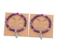 BESPORTBLE 2 Sets Stone Beaded Bracelet with Card for Loss of Loved Ones Elastic Memorial Grief Elegant Purple Bereavement Jewelry for Women and Men