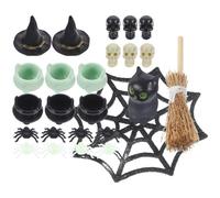BESPORTBLE 25PCS Halloween Dollhouse Miniatures: Plastic Halloween Decorations, Witch Hat, Skulls, Spider Webs, Brooms, Cauldrons, DIY Dollhouse Accessories