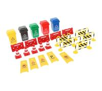 BESPORTBLE 25Pcs Traffic Sign Set with Miniature Road Cones, Red Water Barriers, Yellow Metal Barricades, English Warning Signs Trash Bins - Educational Cognitive Play for