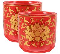 BESPORTBLE 2pcs Ceramic Buddhist Worship Cups Red Round Water Offering Bowls for Temple Use Without Burrs Sturdy Decorative Water Containers