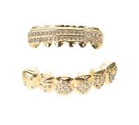 BESPORTBLE 2pcs Gold Rhinestone Poker Design Teeth Grills with Double Row Crystals, Removable Hip Hop Tooth Caps for Men and Women, Halloween Rapper Jewelry