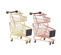 BESPORTBLE 2pcs Mini Shopping Cart Double Layer Iron Trolley for Role Play Decoration Cute Utility Cart for Candies Pens Items Gold Rose Gold