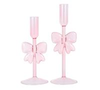 BESPORTBLE 2pcs Pink Glass Bow Candle Holders Decorative Candlestick Pillar Holder for Table Centerpiece Fireplace Wedding Party Warm Lighting