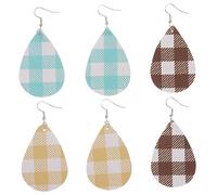 BESPORTBLE 3 Pairs Lightweight PU Leather Buffalo Plaid Drop Earrings Teardrop Dangle Set for Women Daily Wear Wedding Party Accessory Includes Yellow Blue Coffee Colors