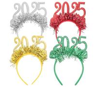 BESPORTBLE 4-pack 2025 Happy New Year Tiara Headbands, Multi-colored Fabric Party Accessories for New Year's Eve Celebrations And Holiday Decor