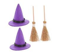 BESPORTBLE 4pcs Mini Witch Hat and Natural Straw Broom Set for Halloween Party Decorations, Purple Tiny Witch Hats with Mini Brooms, Dollhouse Accessories for Halloween Crafts and Seasonal