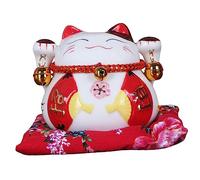 BESPORTBLE Ceramic Maneki Neko Cat Statue Piggy Bank Fortune Ornament Home Decor Money Storage Jar for Bedroom Living Room Office Creative Wealth Figurine Gift Red Fan Design