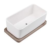 BESPORTBLE Ceramic Oblong Flower Pot Bonsai Planter with Bamboo Tray White 1 Set for Succulents Small Flowers Outdoor Decor