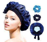 BESPORTBLE Double Layer Hair Sleeping Cap for Sleeping Preventing Dryness with Tie Design and Hair Ties Blue Polyester Bonnet for Women Suitable for Makeup and Yoga Use