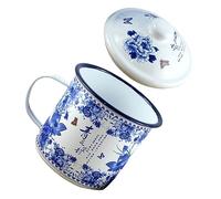 BESPORTBLE Enamel Mug 500ml Blue and White Porcelain Style Thickened Cup with Lid for Home Office Tea and Coffee