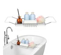 Besportble Extendable Stainless Steel Bathtub Rack with Non-Slip Design Adjustable Bath Tray for Holding Tablets Books Wine Glasses and More Telescopic Bath Shelf for Home Bathroom