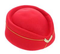 BESPORTBLE Felt Red Air Hostess Hat Costume Cap Pillbox for Adult Stage | Gold Piping Wing Emblem, Elastic Chin Strap, 56-58cm One Size, Smooth Worsted Fabric