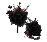 BESPORTBLE Gothic Black Wedding Wrist Corsage and Boutonniere Set with Black Rose Artificial Flowers for Bride and Groom Dark Victorian Bridal Accessories for Halloween and Formal Events