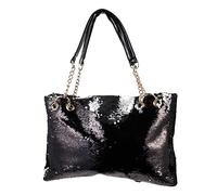 BESPORTBLE Large Capacity Black Glitter Sequin Tote Bag with Chain and Leather Straps Stylish Zipper Shoulder Bag for Women Reversible Two Tone Design