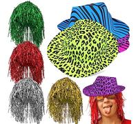 BESPORTBLE Neon Animal Print Plastic Party Hats & Metallic Foil Tinsel Wigs, Funny Photo Booth Props for Adults & Teens (Random Color)