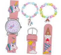 BESPORTBLE Rainbow Strap Watch and Bracelet Set with Unicorn Charm and Heart Beads Pearl Bracelet Lightweight Quartz Wristwatch for Birthday Christmas Gifts
