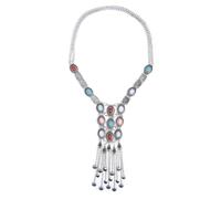 BESPORTBLE Retro Ethnic Style Long Silver Tassel Sweater Chain Necklace with Turquoise Pendant, Bohemian Fashion Women’S Neck Decoration
