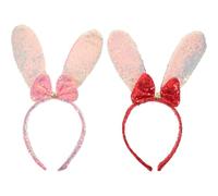 BESPORTBLE Sequin Bunny Ears Headband 2Pcs, Iridescent Rabbit Ear Hair Hoop for Easter Egg Hunt, Glitter Animal Cosplay Costume Accessories for Kids Adults Party, Pink & Red