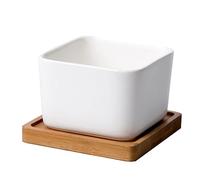 BESPORTBLE Square Ceramic Flowerpot with Bamboo Tray and Leak Resistant Planter for Succulent Plants Lightweight Desktop Ornament Creative Home and Office Decoration Gift
