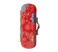 BESPORTBLE Vintage Court Embroidered Lipstick Case with Mirror, Portable Small Cosmetic Holder with Kiss Lock, Red Base Blue Chrysanthemum Pattern for Travel and Purse Storage
