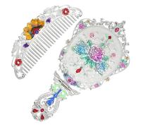 BESPORTBLE Vintage Handheld Mirror and Comb Set for Women Portable Makeup Vanity with High-definition Reflective Surface Retro Decorative Silver Peony Design Versatile Styling Tool for All