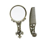 BESPORTBLE Vintage Mini Cosmetic Mirror with Handle and Comb Portable Handheld Retro Vanity Accessory for Makeup and Hair Styling Comfortable Grip Gilded Design for Travel and Random Color