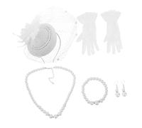 BESPORTBLE Vintage Tea Party for Women with Lace Gloves Pearl Necklace Earrings Veil Fascinator Hat Elegant Wedding Church Headwear Soft Sunshield Veil Victorian-inspired Accessories for