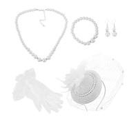 BESPORTBLE Vintage Tea Party Headwear for Women with White Lace Gloves Pearl Necklace Earrings Bracelet Victorian Inspired Elegant Accessories for Wedding Church and Formal Occasions