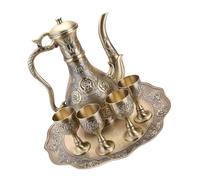 BESPORTBLE Vintage Turkish Coffee Carafe Set with Rose Embossed Metal Cups and Bronze Tray Complete Wine Serving Kit for Home Bar Wedding and Party Decor