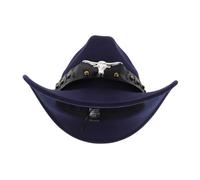 BESPORTBLE Western Cowboy Hat for Men with Bull Head Studded Decor Upturned Wide Brim Fedora for Ranch Work Outdoor Adventures Costume Parties Halloween and Country Shows Navy Blue