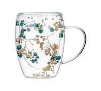 Besreey Double Walled Glass Mug - 350ML Dried Flowers Glass Coffee Mugs, Dried Flowers Glass Cups, Dried Flowers Insulated Glass Coffee Cups with Handle, Dry Flowers Cup,